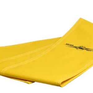 Folded yellow microfiber towel with black logo