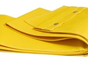 Folded yellow waterproof vinyl tarp with metal snaps