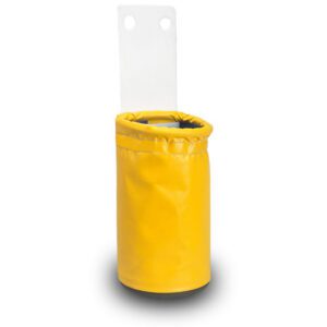 Yellow cylindrical hanging pouch with white strap