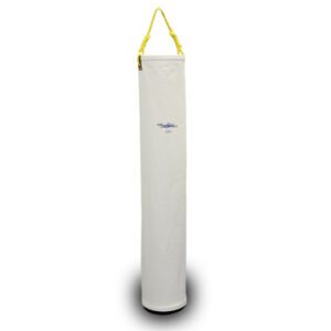Tall white cylindrical tube bag with yellow strap