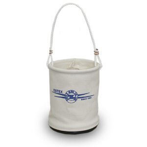 White canvas bucket with rope handle and logo