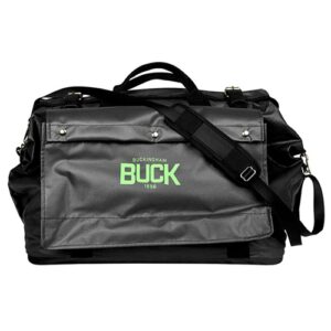 Black duffel bag with green "BUCK" logo