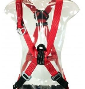 Red full-body safety harness on mannequin