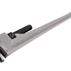 A large metal pipe wrench with black handle.