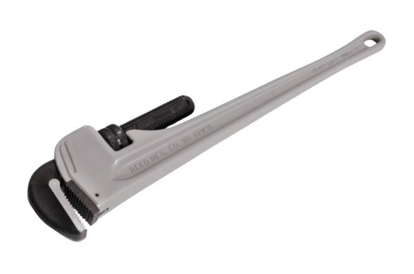 A large metal pipe wrench with black handle.