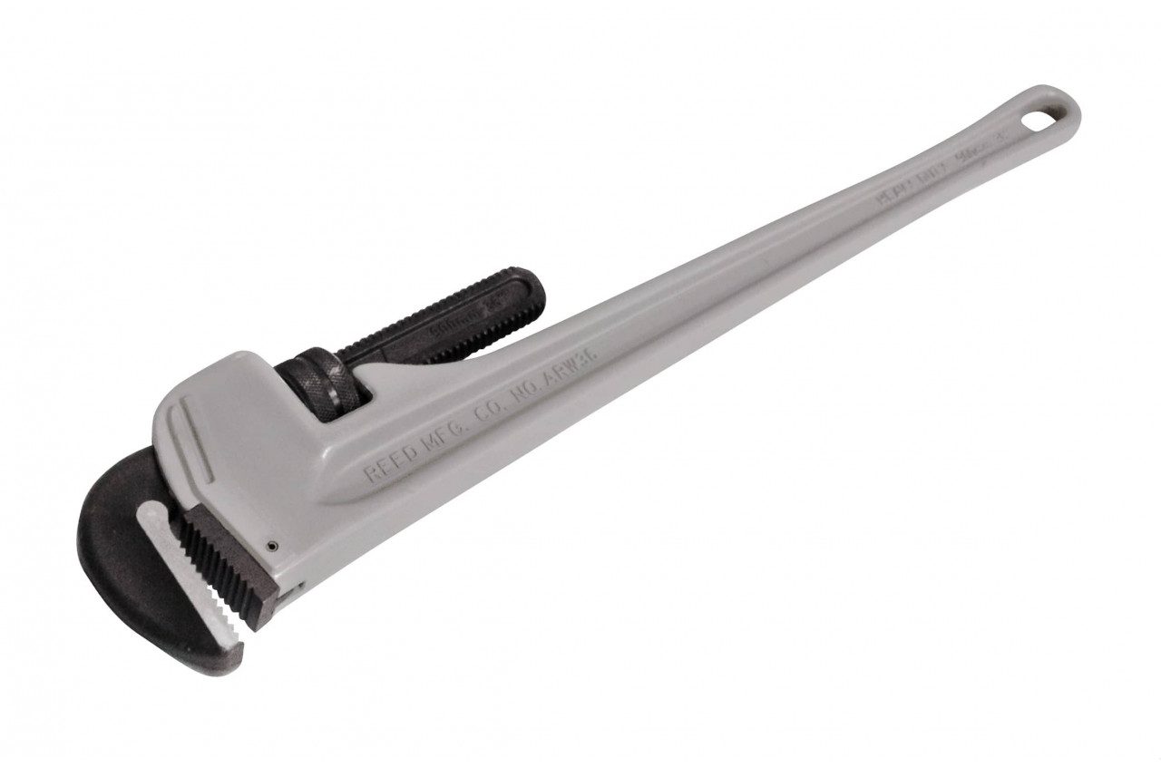 A large metal pipe wrench with black handle.