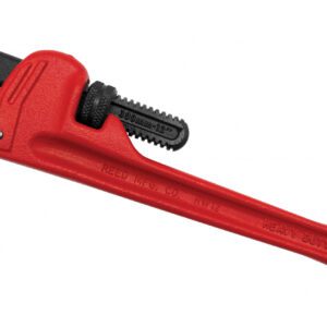 Red adjustable pipe wrench with serrated jaw