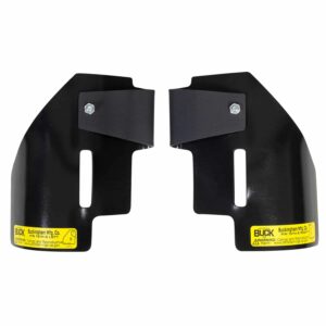 Pair of black metal mounting brackets with labels