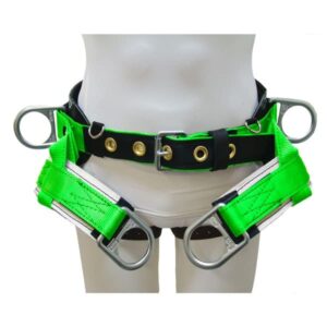 Bright green climbing safety harness with metal D-rings