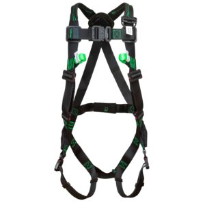Full-body safety harness with green stitching