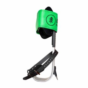 Arborist climbing spike with green ankle cuff