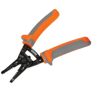 Orange-handled wire stripper tool.