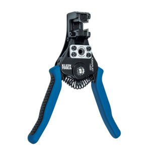 Blue-handled wire stripping tool.