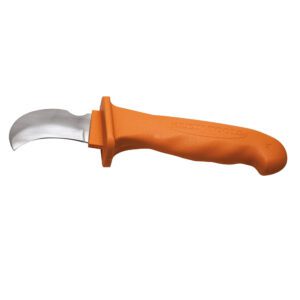 Curved-blade knife with orange handle.