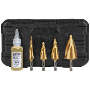 Cutting oil and step drill bit set.