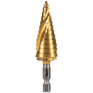 Gold step drill bit with size markings.