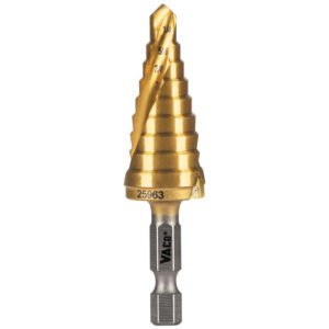 Gold step drill bit with engraved measurements.