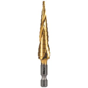 Gold step drill bit on white background.