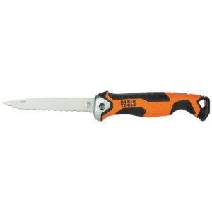 Orange-handled utility knife with serrated blade.