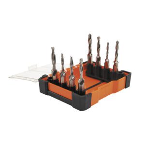 Drill bit set in an orange case.