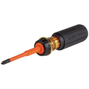 Insulated screwdriver with black and orange design.