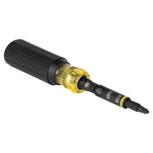 Multi-bit screwdriver with black handle and Phillips bit