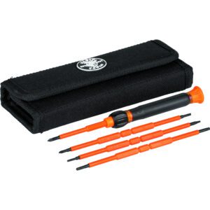 Precision screwdriver kit with orange bits and pouch