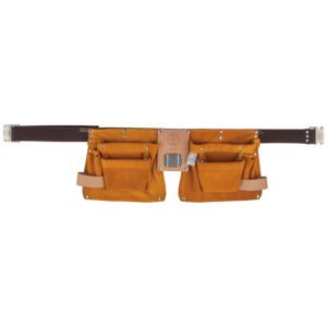 Brown leather carpenter's tool belt with pouches