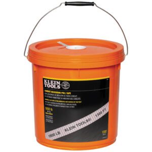 Orange bucket with Klein Tools measuring tape.