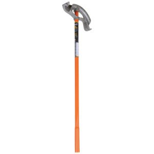 Orange-handled metal conduit pipe bender tool.