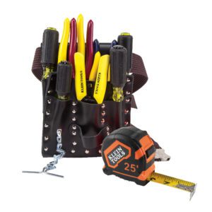 Tool belt with screwdrivers and tape measure.