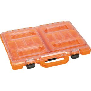 Orange plastic storage case with transparent lid