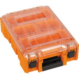 Orange plastic organizer box with clear lid