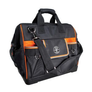 Black and orange tool bag with shoulder strap