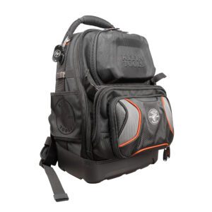 Rugged hard-shell tool backpack with orange accents