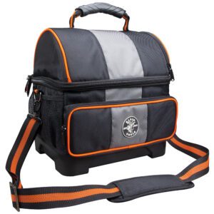 Insulated gray and orange lunch bag with strap