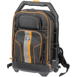 Black rolling tool backpack with orange accents