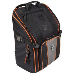 Black backpack with orange accents and pocket