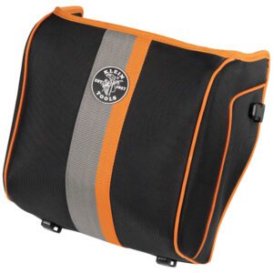 Black and orange tool bag with logo.