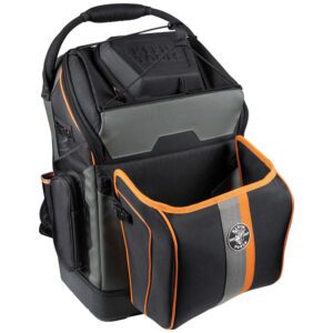 Black tool backpack with orange-trimmed pouch