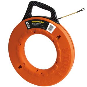 Orange fiberglass fish tape with handle.