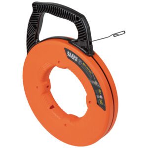 Orange fish tape with black handle.