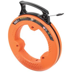 Orange fish tape reel with handle.