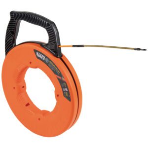 Orange fish tape reel with black handle.