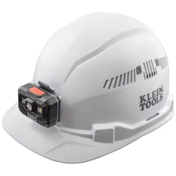 Hard Hat, Vented, Cap Style with Rechargeable Headlamp, White