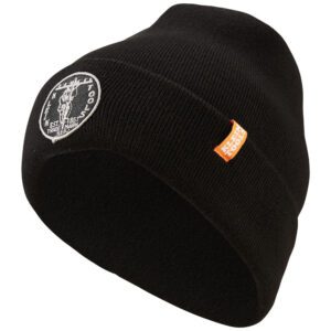 Black beanie with logo and orange tag.