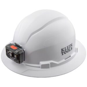 White Klein Tools hard hat with headlamp