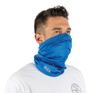 Man wearing blue face gaiter and white shirt