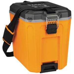 Orange portable cooler with black shoulder strap