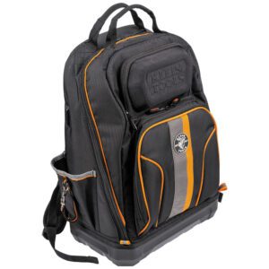 Rugged black backpack with orange trim